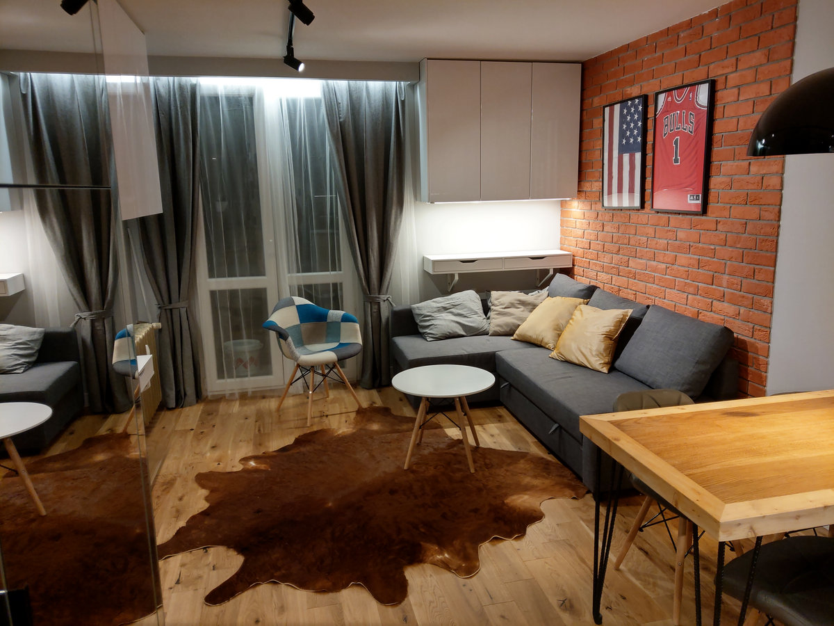 Wnętrze apartamentu 24 m² stylizowanego na Chicago